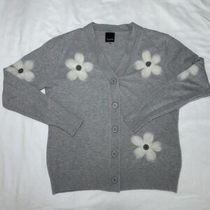 Aaeda Heather Gray Embroidered Cardigan Sweater with Felted Flowers Size XS